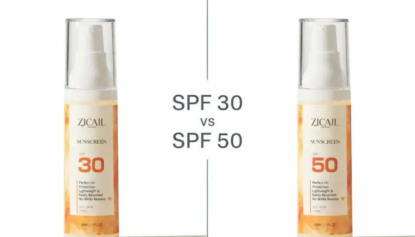 Deux flacons de crème solaire ZICAIL, l'un avec SPF 30 et l'autre avec SPF 50, côte à côte.