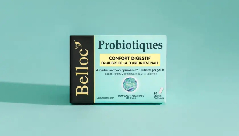 Boîte de probiotiques Belloc pour le confort digestif et l'équilibre de la flore intestinale. Ce probiotique estomac contient 30 gélules végétales.