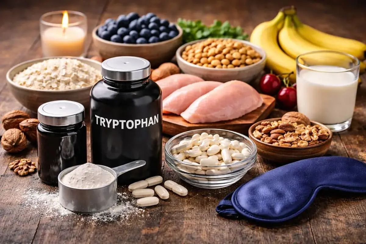 Des aliments riches en tryptophane : poulet, bananes, noix, flocons d'avoine, myrtilles. Compléments de tryptophane et masque de sommeil.