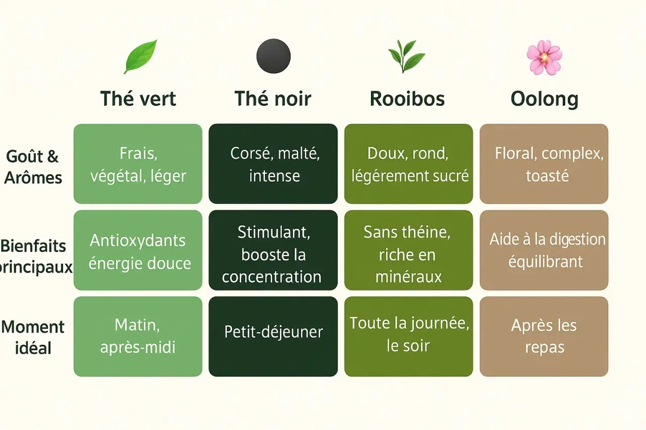 Le thé vert, frais et léger, est idéal le matin. Le thé noir, corsé et stimulant, parfait pour le petit-déjeuner.