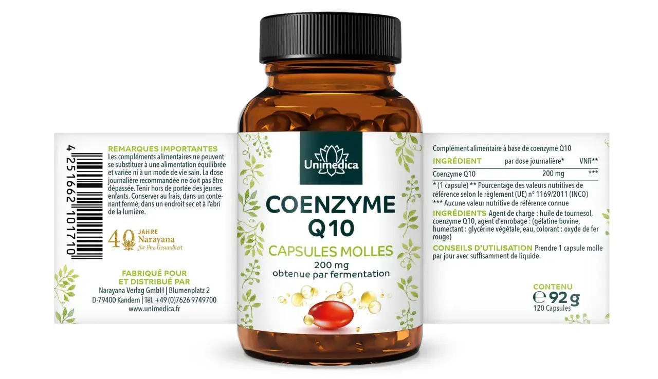 Flacon de Coenzyme Q10 200 mg, 120 capsules molles. Découvrez les coenzyme q10 bienfaits pour votre énergie.