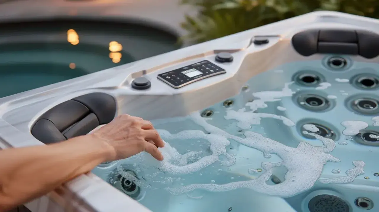 Main d'une personne effleurant l'eau bouillonnante d'un **dessous spa** moderne, avec des jets visibles et un panneau de contrôle.