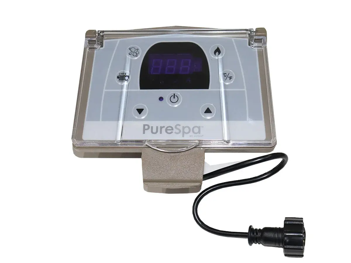 Panneau de contrôle PureSpa pour branchement spa gonflable. Affiche la température et les fonctions.