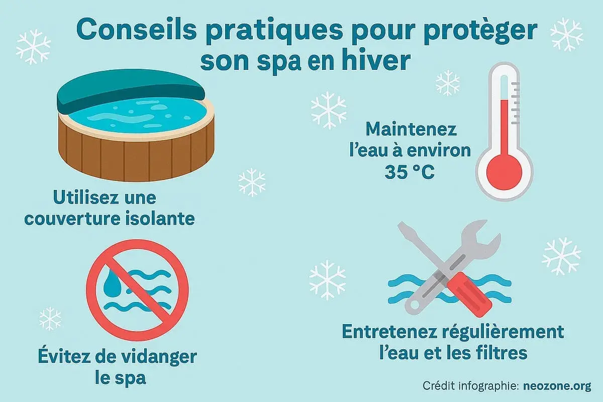 Conseils pour l'hivernage d'un spa rigide : couverture isolante, eau à 35°C, ne pas vider, entretenir eau et filtres.
