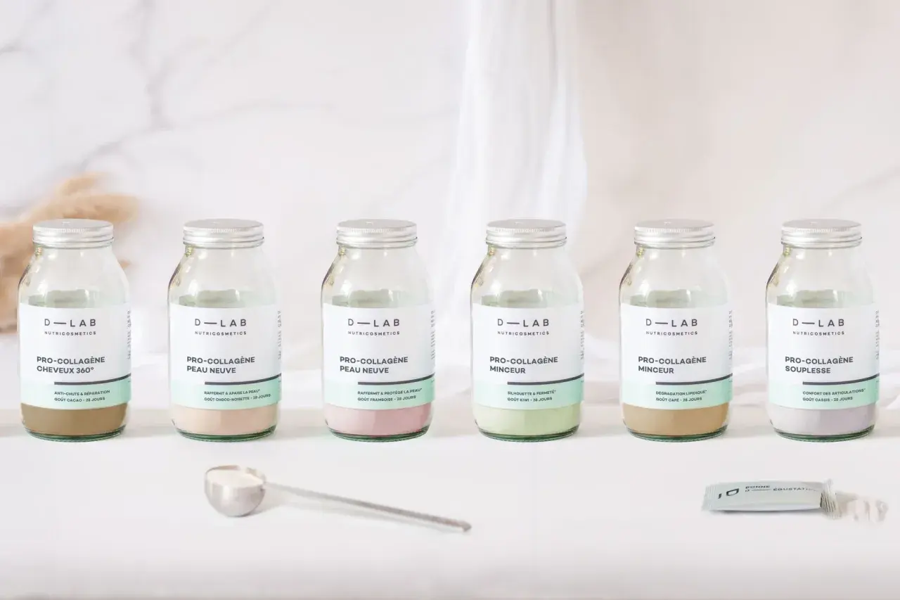 Six flacons de collagène hydrolysé D-LAB Nutricosmetics, chacun avec une saveur et un bénéfice distincts.