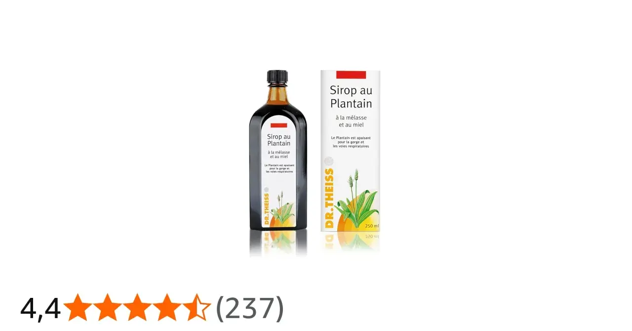 Sirop au plantain Dr. Theiss, mettant en avant les plantain bienfaits pour la gorge et les voies respiratoires. Flacon et boîte présentés.