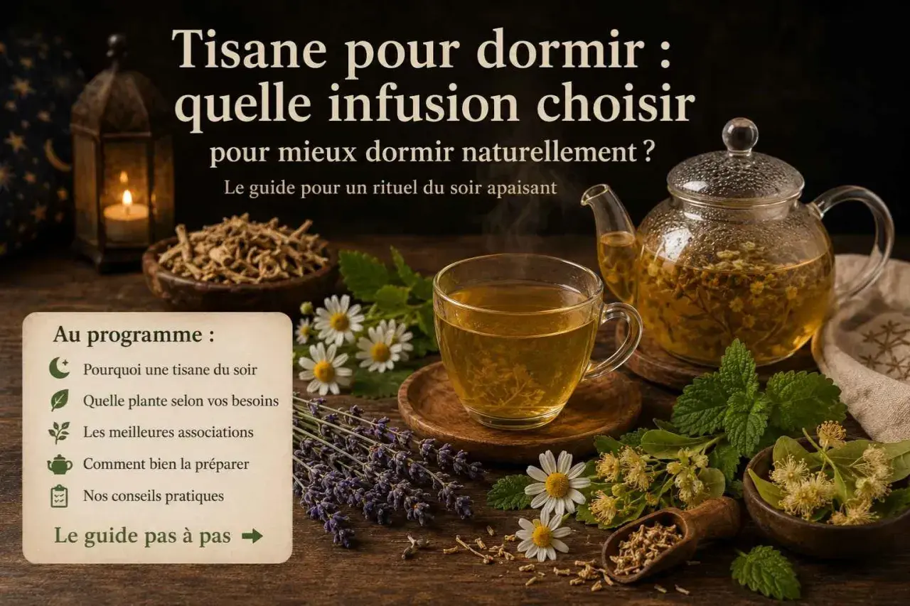 Un rituel apaisant pour mieux dormir : une tasse fumante de tisane, entourée de lavande, camomille et menthe. Le guide pour choisir la meilleure infusion le soir.