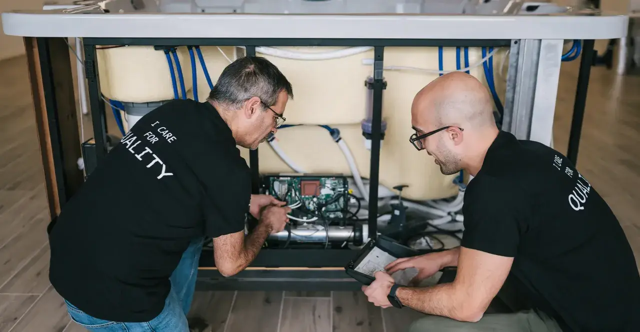 Deux techniciens travaillent sur le système électrique d'un spa, une étape clé pour savoir comment monter un spa.