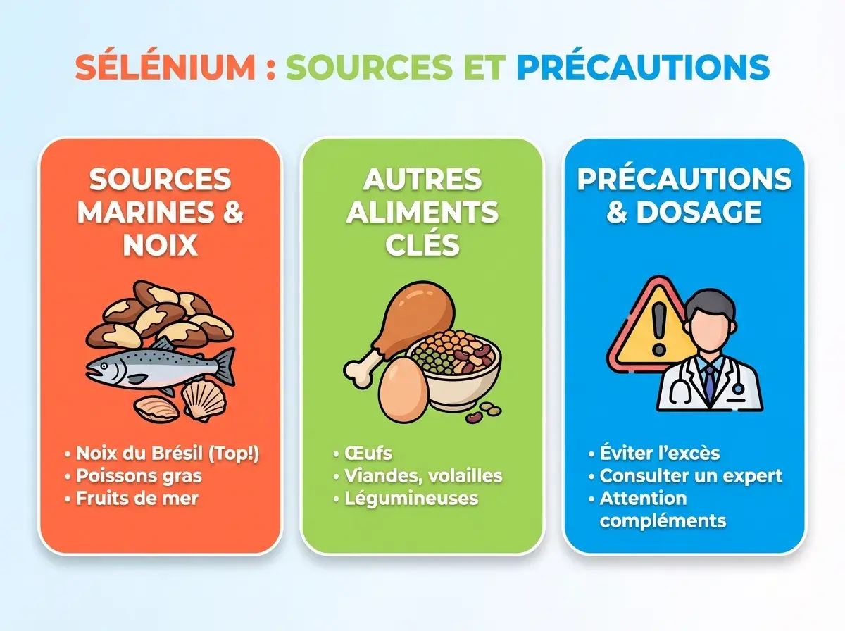 Sources de sélénium : noix du Brésil, poissons, fruits de mer, œufs, viandes, légumineuses. Attention aux excès et aux compléments.