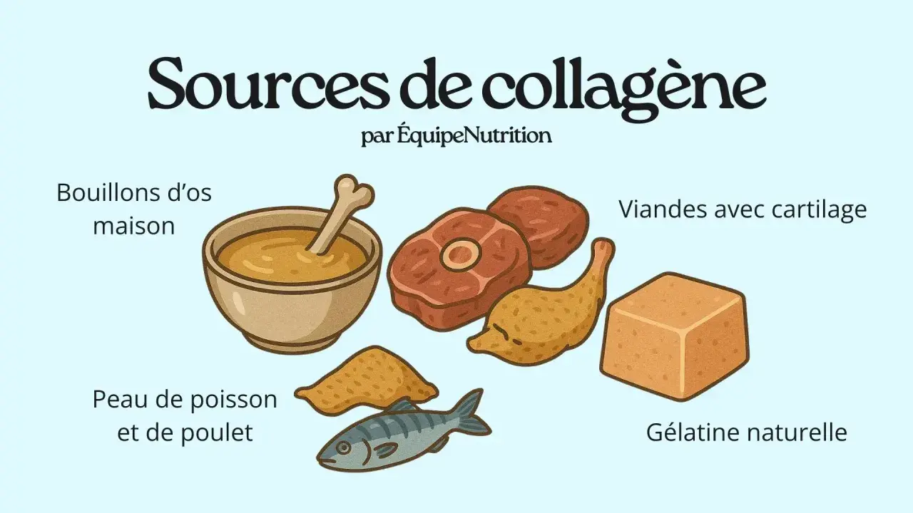Sources de collagène naturel : bouillons d'os, viandes avec cartilage, peau de poisson et poulet, gélatine.