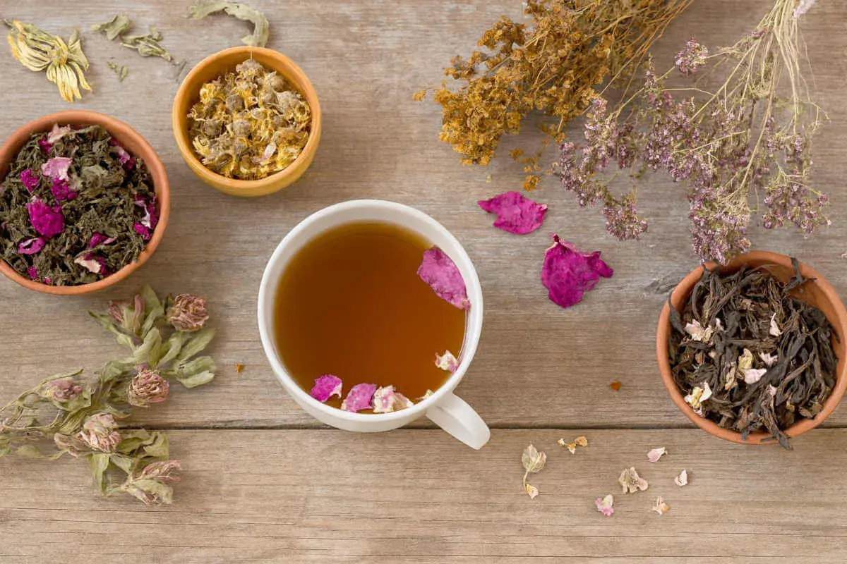 Tasses de thé aux herbes et pétales de rose, idéales pour apaiser la nausée. Des herbes séchées et des fleurs décorent la table en bois.