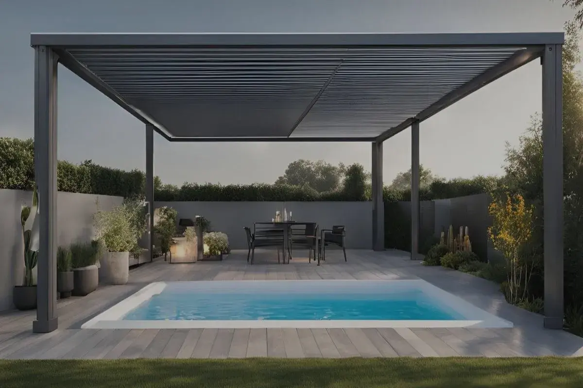 Un espace détente avec une piscine et un coin repas sous une pergola moderne. Parfait pour profiter d'un spa sous pergola.