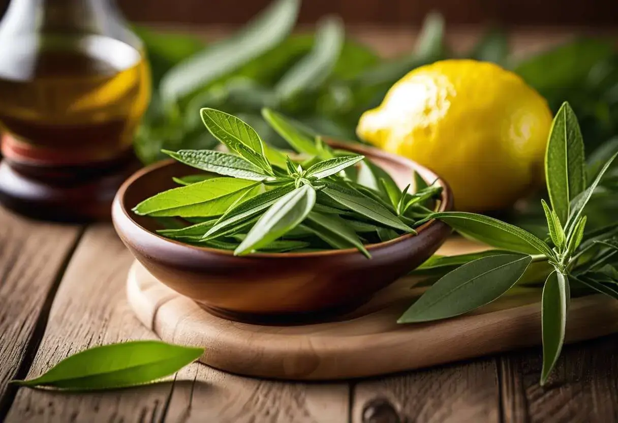 Un bol rempli de feuilles de verveine citronnée fraîche, avec un citron jaune et une bouteille d'huile en arrière-plan.