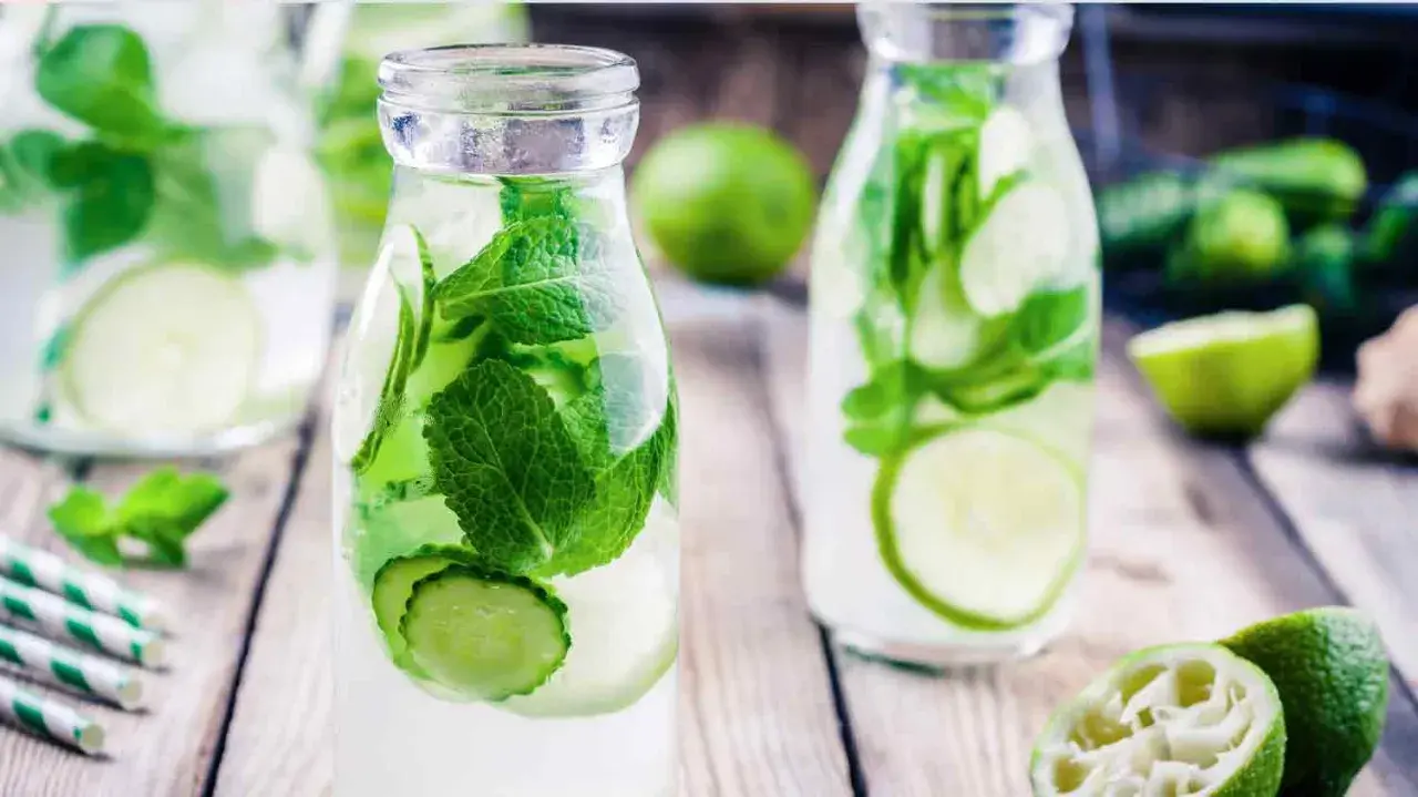 Bouteilles d'eau infusée de concombre et de menthe, une boisson rafraîchissante parfaite pour une infusion ayurvédique.