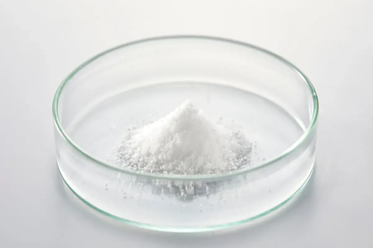 Poudre blanche de d-mannose dans une boîte de Pétri, prête pour une expérience scientifique.