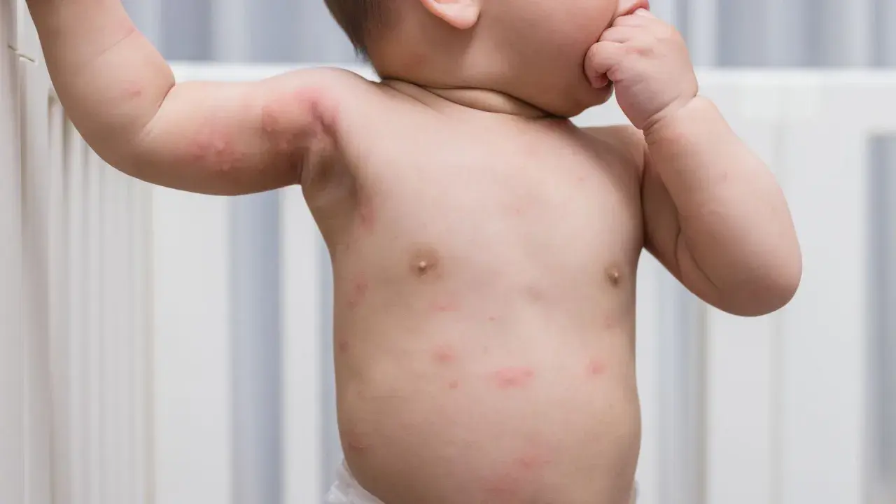 Petit bébé avec un petit bouton rouge sur le visage et le corps, peut-être une éruption cutanée.