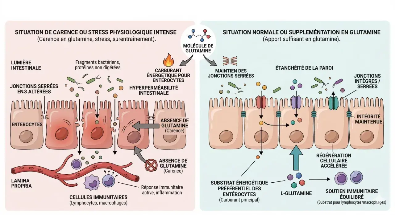 Schéma comparant l'intestin en carence de glutamine (hyperperméabilité, inflammation) et en apport suffisant (étanchéité, soutien immunitaire). Les bienfaits de la glutamine sont essentiels.