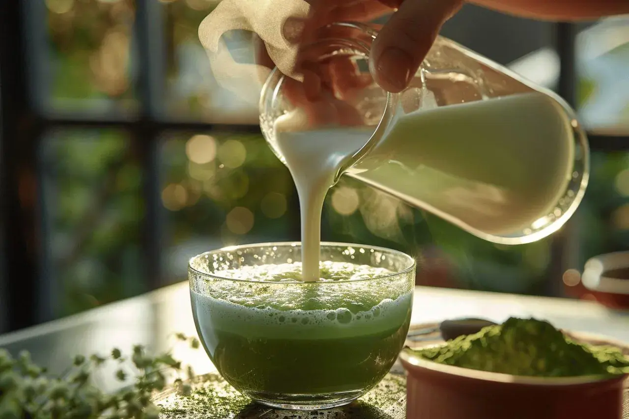 Préparation d'un matcha latte crémeux. Du lait est versé dans un bol rempli de poudre de matcha verte, créant une boisson réconfortante.