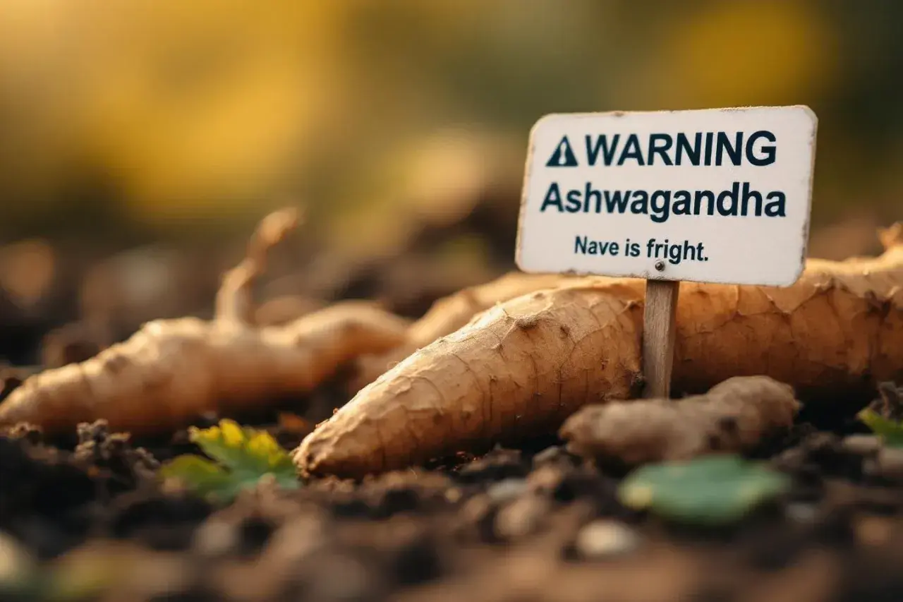 Racines d'ashwagandha fraîchement récoltées, avec un panneau "Attention Ashwagandha". Un avis sur la plante.