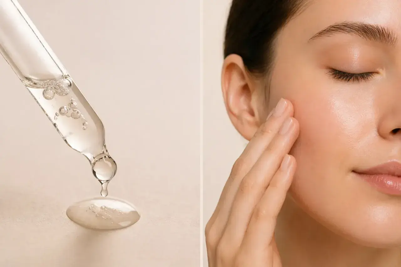 Goutte d'un sérum à la vitamine B3 sur une pipette, appliquée sur une peau radieuse.