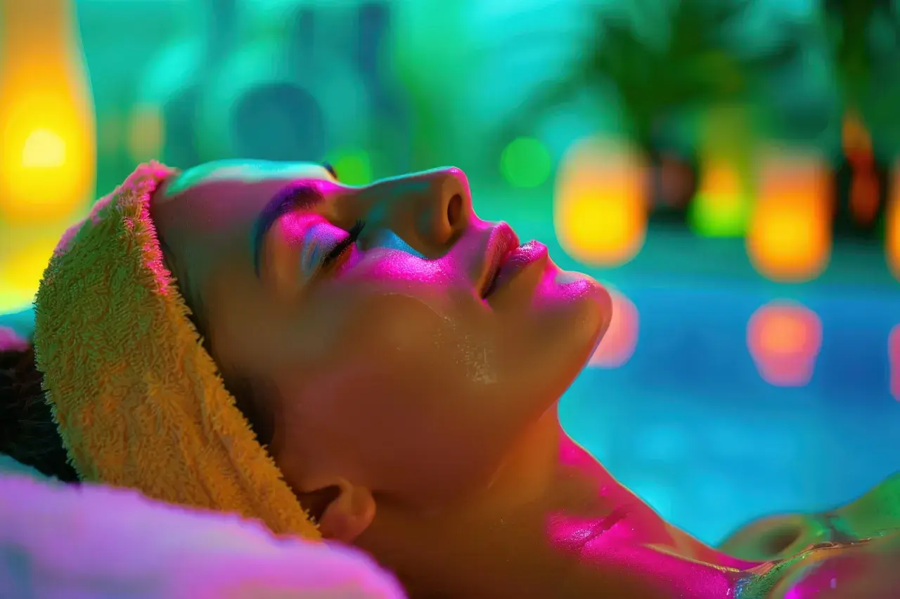 Visage détendu dans un spa de chromothérapie, baigné de lumières bleues, vertes et roses. Une serviette jaune orne sa tête.