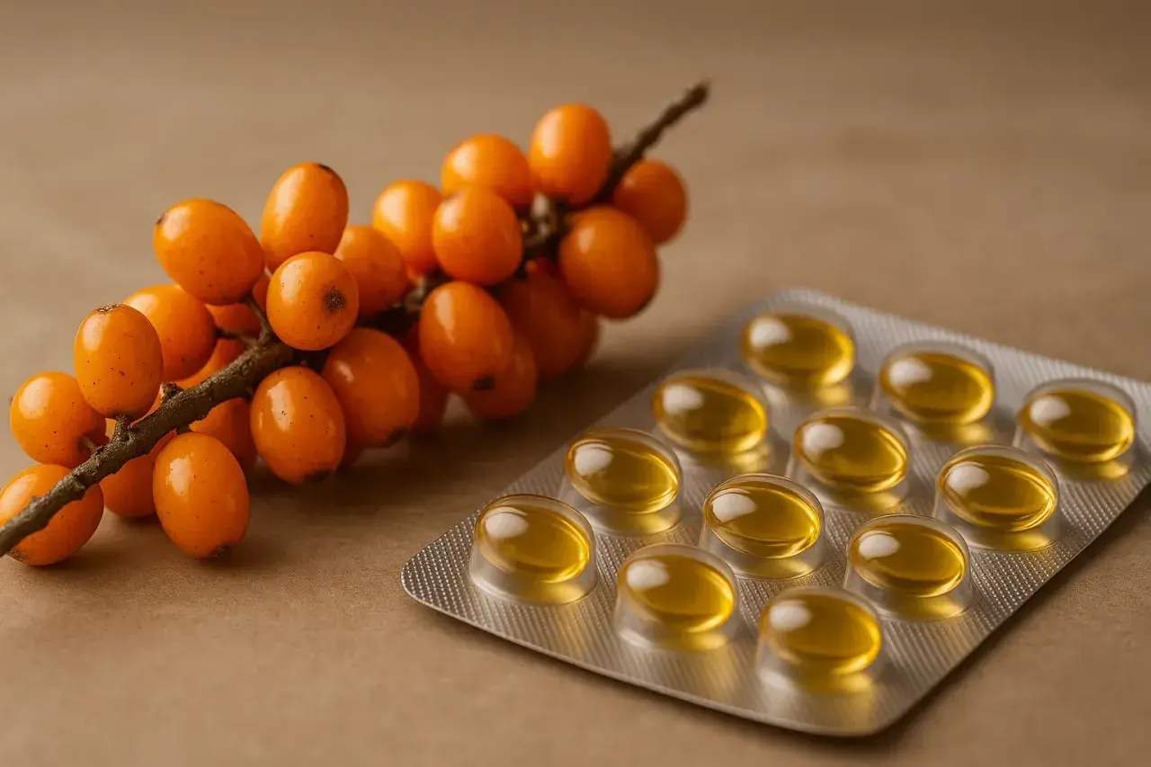 Baies d'argousier et une plaquette de capsules d'huile, source naturelle d'oméga 7 pour le bien-être.