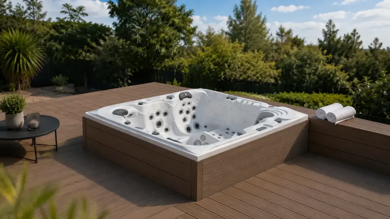 Un coin spa extérieur moderne avec jacuzzi blanc sur terrasse en bois. Une petite table et des serviettes invitent à la détente. Une belle idée aménagement coin spa extérieur.