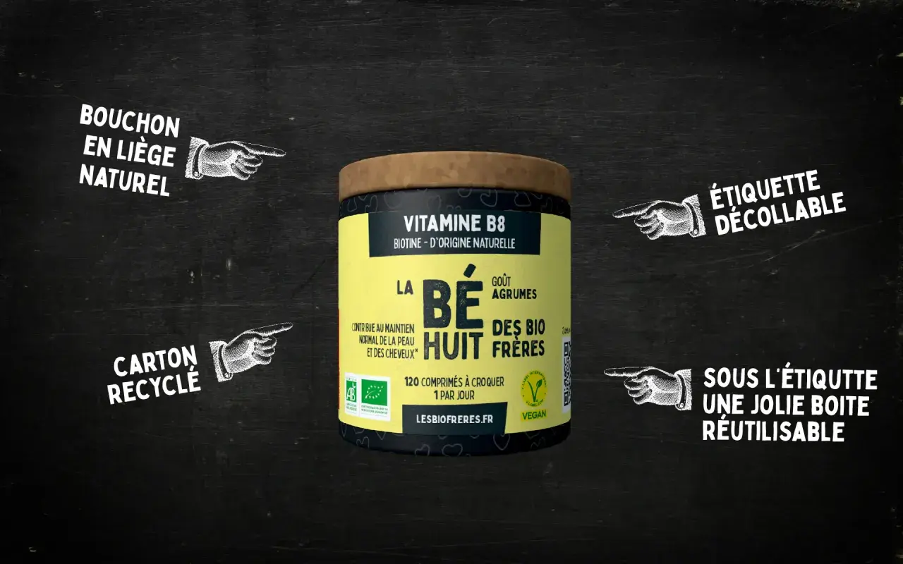 Boîte de vitamine B8, biotine d'origine naturelle, goût agrumes. Bouchon en liège, carton recyclé, étiquette décollable.