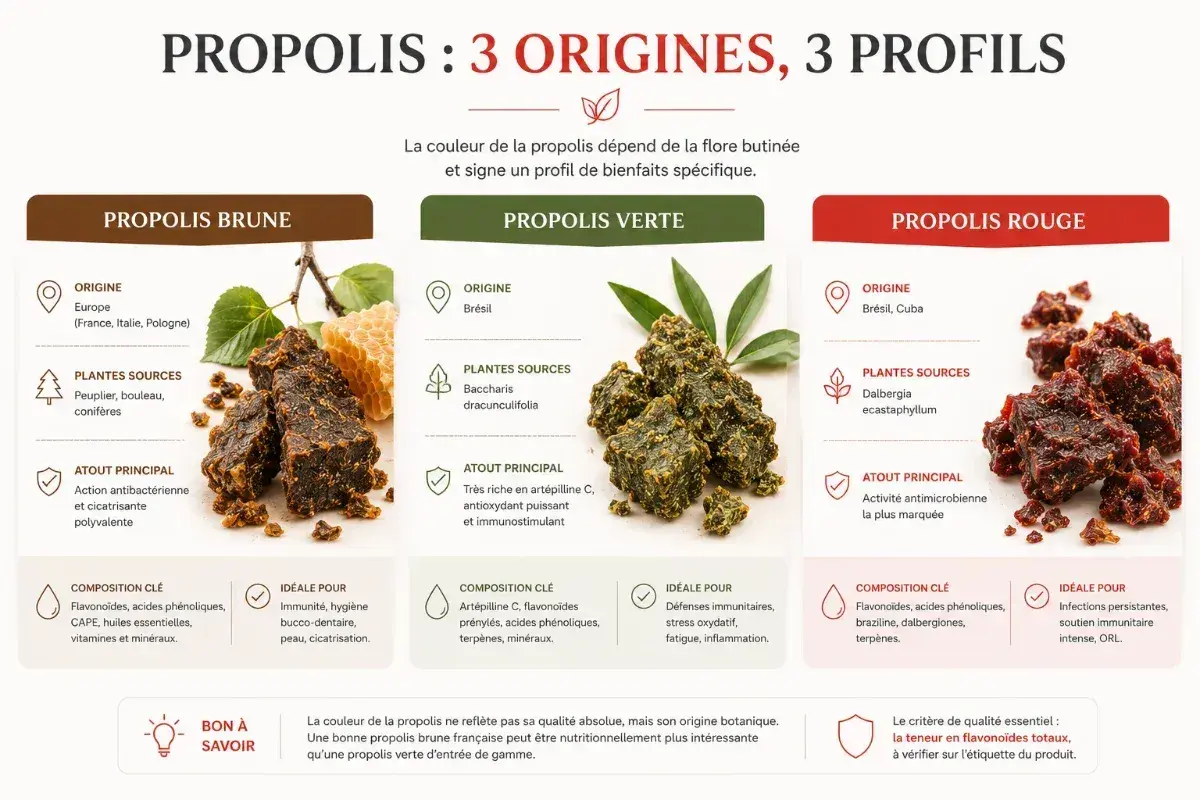 Propolis brune, verte et rouge : leurs origines, compositions et bienfaits spécifiques. La propolis brune est antibactérienne et cicatrisante.