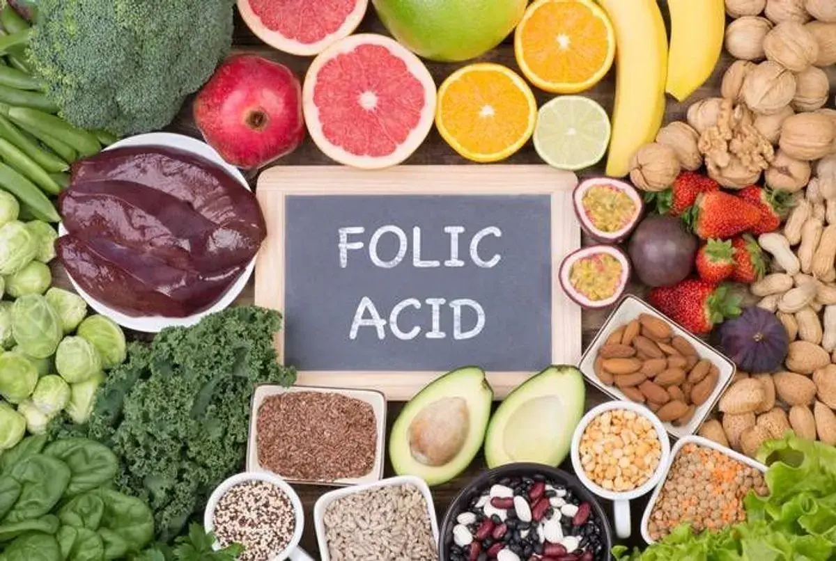 Assiette de foie, légumes verts, fruits et noix. Le bienfait de l'acide folique est essentiel pour la santé.