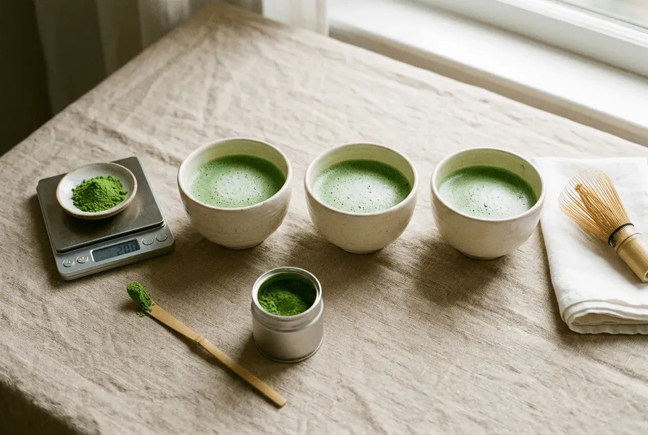 Préparation de la quantité de matcha par jour : trois bols de thé vert mousseux, une balance, une cuillère et un fouet à matcha.