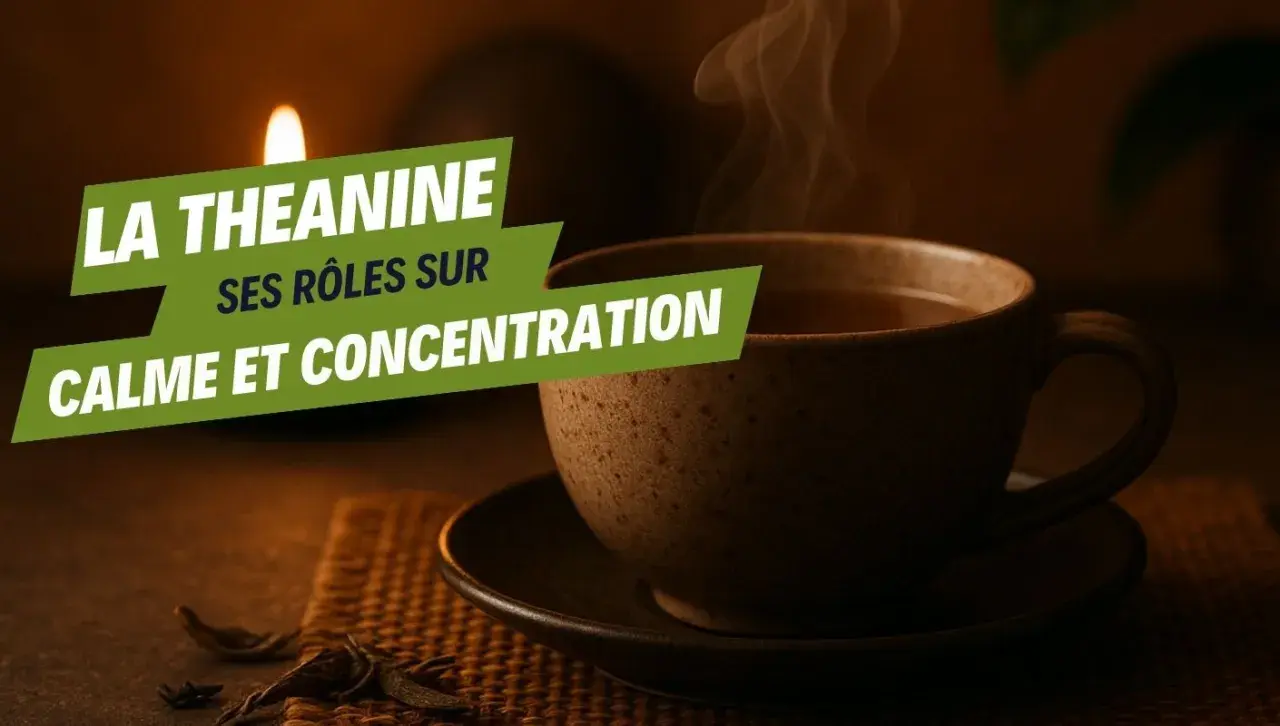 Une tasse de thé fumante, avec le texte "La théanine, ses rôles sur calme et concentration".