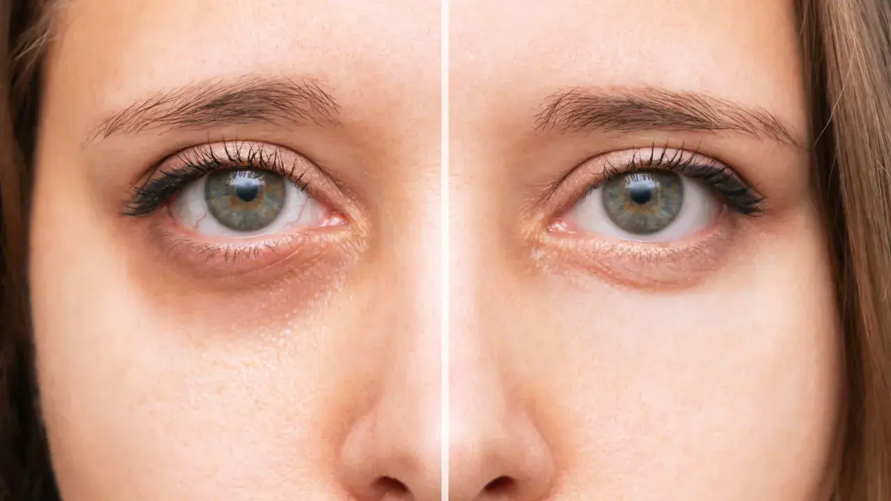 Avant/après : réduction des cernes creuses sous les yeux, améliorant l'apparence de la peau.
