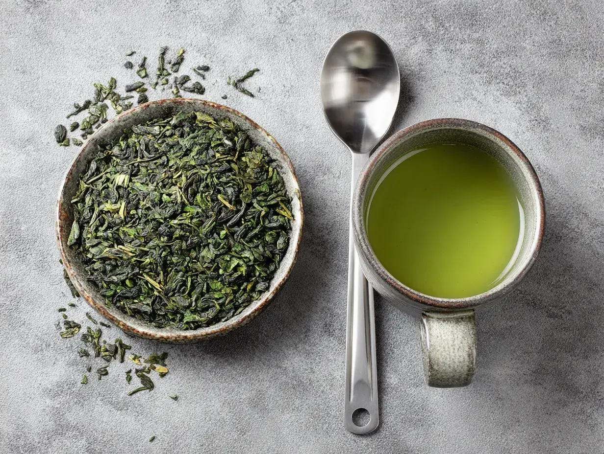 Thé vert en vrac dans un bol, une tasse de thé vert et une cuillère. Le thé vert est connu pour ses bienfaits, mais il peut aussi avoir des egcg effets secondaires.