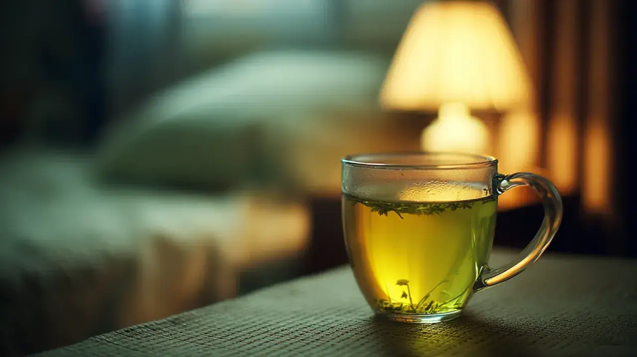 Une tasse de thé vert, avec ou sans théine, sur une table. La lumière douce d'une lampe éclaire la scène.