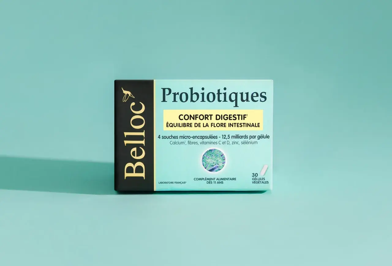 Boîte de probiotiques Belloc pour le confort digestif et l'équilibre de la flore intestinale. Ce probiotique estomac contient 30 gélules végétales.
