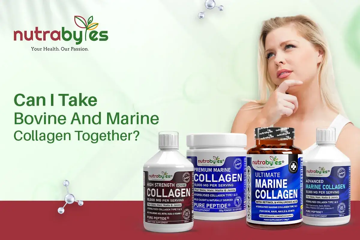 Une femme r&eacute;fl&eacute;chit &agrave; la possibilit&eacute; de combiner collag&egrave;ne marin ou bovin. Plusieurs produits Nutrabytes sont pr&eacute;sent&eacute;s.