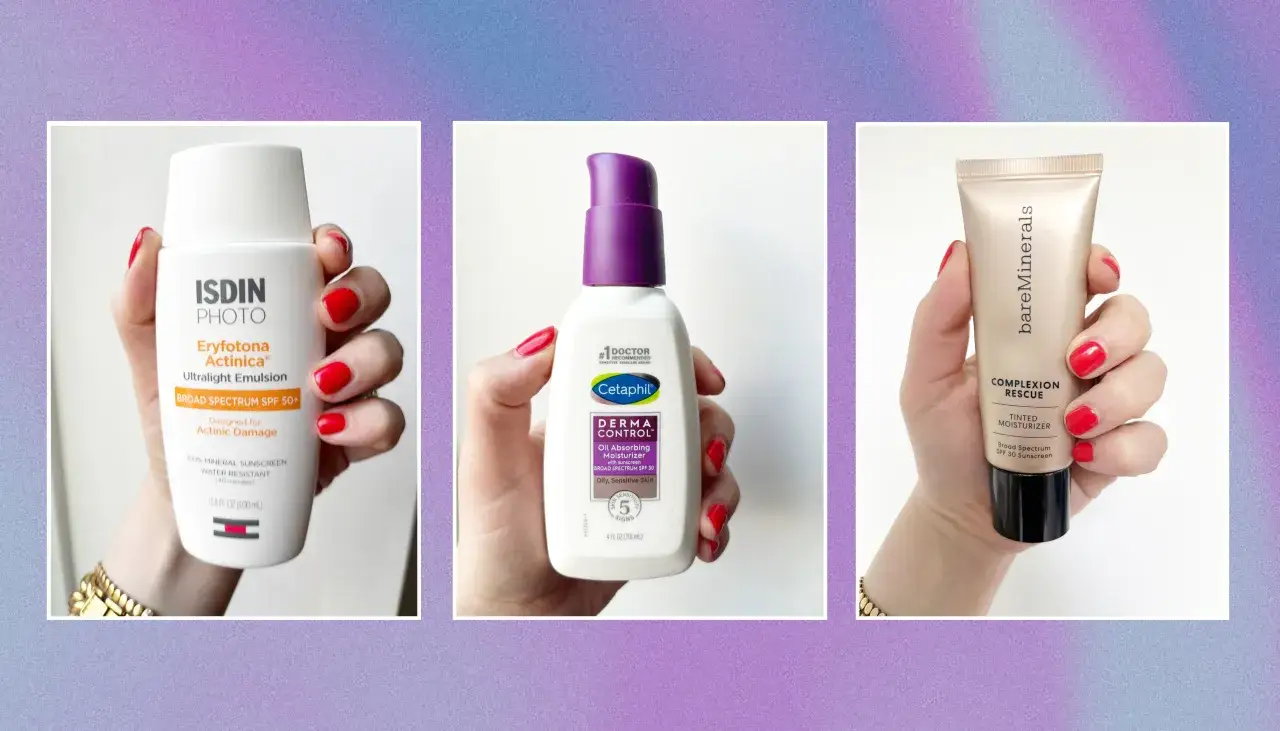 Trois produits solaires pour peaux à tendance acnéique : ISDIN, Cetaphil et bareMinerals. Protégez votre peau du soleil.