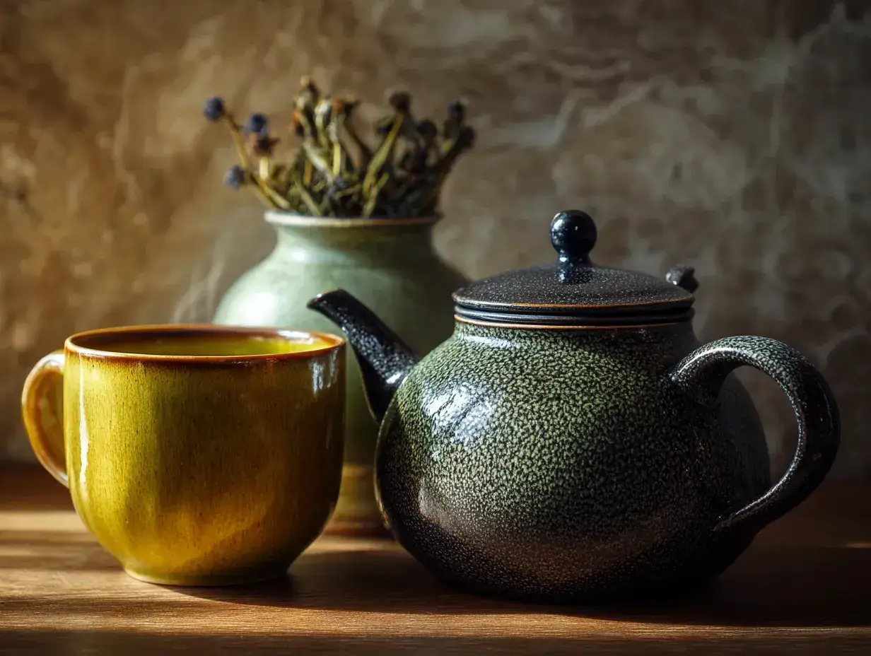 Une th&eacute;i&egrave;re et une tasse en c&eacute;ramique, avec de la vapeur s'&eacute;levant de la tasse, sugg&eacute;rant le plaisir de boire du th&eacute; tous les jours.
