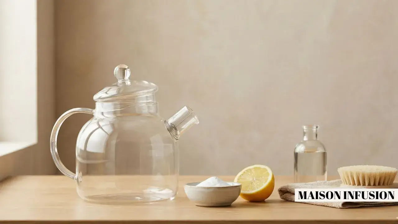 Une théière en verre, du bicarbonate de soude, un citron et une brosse pour nettoyer filtre à thé.