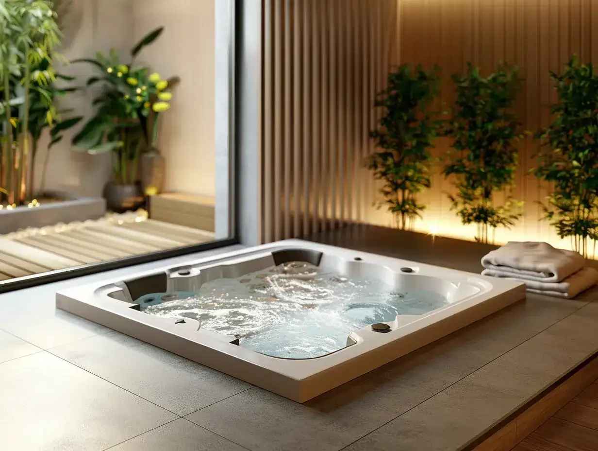 Un spa &eacute;cologique invitant, avec de l'eau bouillonnante dans un bain &agrave; remous moderne, entour&eacute; de verdure luxuriante et d'un &eacute;clairage doux.