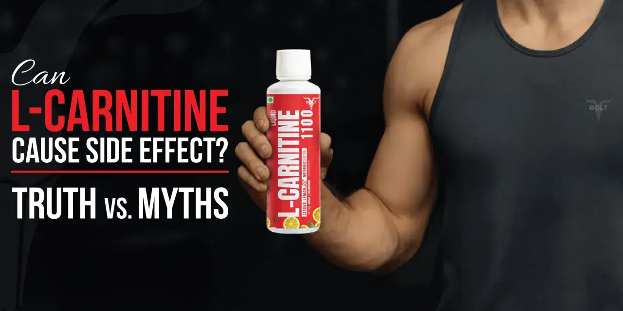 Un homme tient une bouteille de L-Carnitine. Le texte interroge sur le danger de la L-Carnitine et oppose v&eacute;rit&eacute; et mythes.