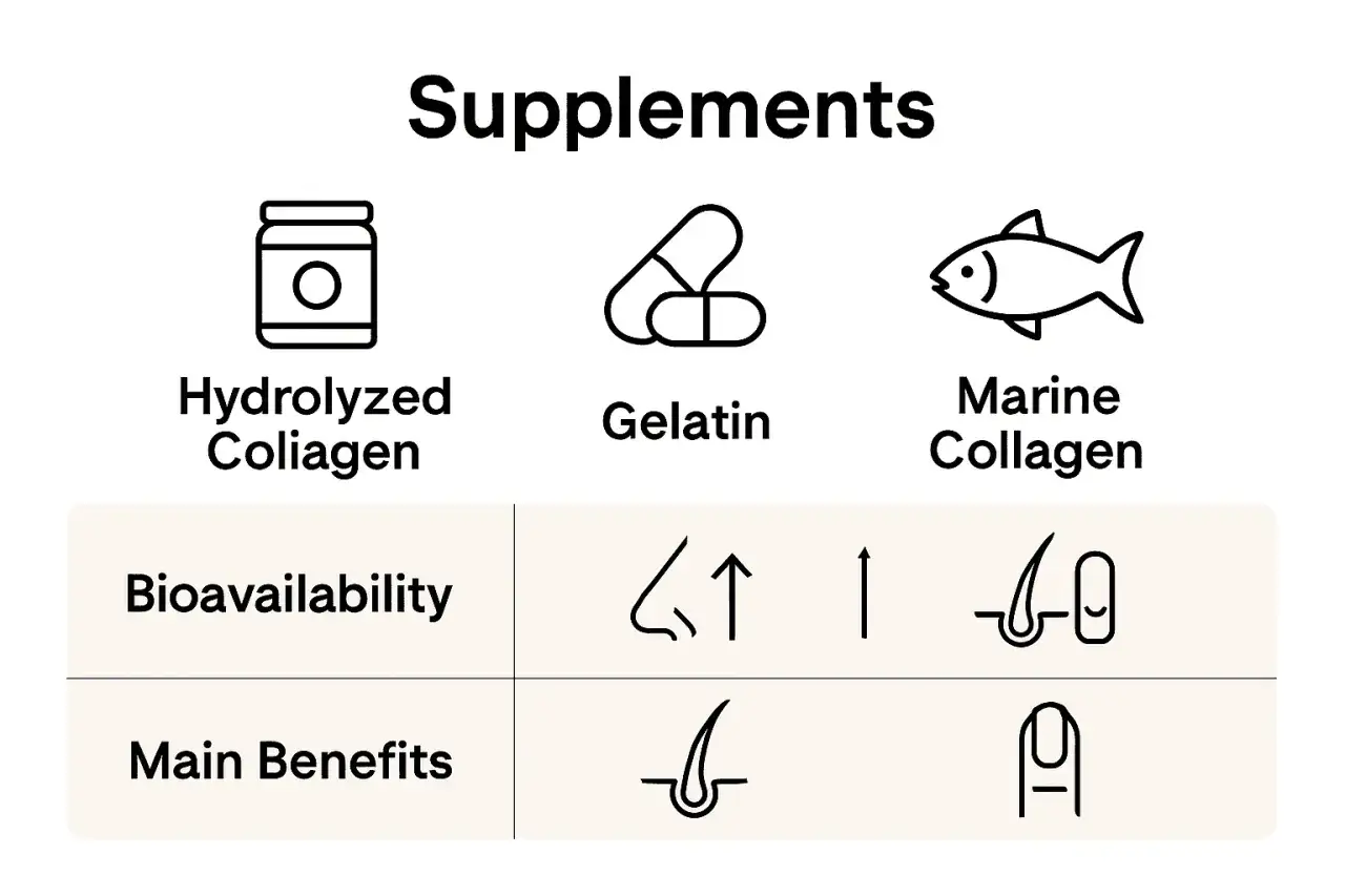 Tableau comparatif des suppl&eacute;ments : hydrolysat de collag&egrave;ne, g&eacute;latine et collag&egrave;ne marin. Le collag&egrave;ne marin est pr&eacute;sent&eacute; comme une cure b&eacute;n&eacute;fique pour la peau et les ongles.