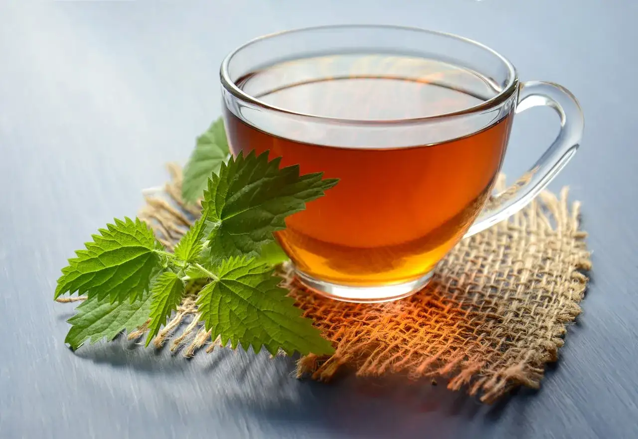 Une tasse de thé ambré sur un dessous de plat en toile de jute, avec des feuilles vertes fraîches. Idéal pour la relaxation et le bien-être, comme la théanine.