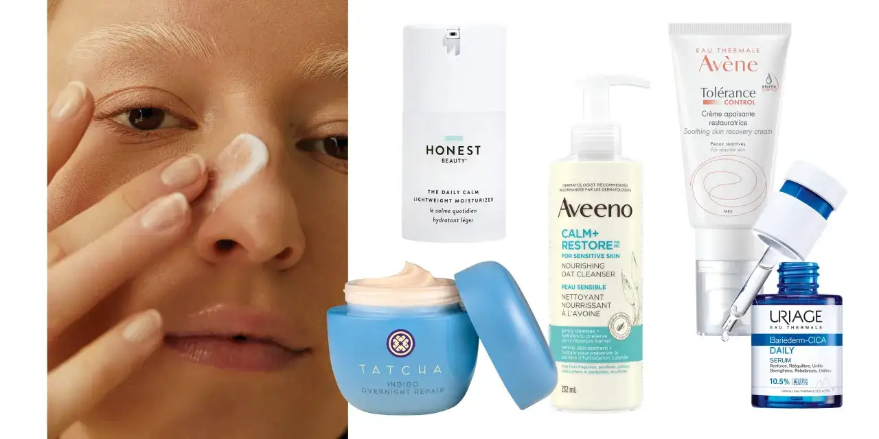 Soin pour peau sensible : une personne applique une cr&egrave;me, entour&eacute;e de produits Aveeno, Av&egrave;ne, Tatcha et Uriage, id&eacute;aux pour l'hypersensibilit&eacute; peau.