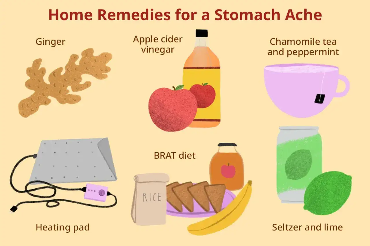 Rem&egrave;des maison pour comment calmer les douleurs d'estomac : gingembre, vinaigre de cidre, tisane, coussin chauffant, r&eacute;gime BRAT, eau gazeuse et citron vert.