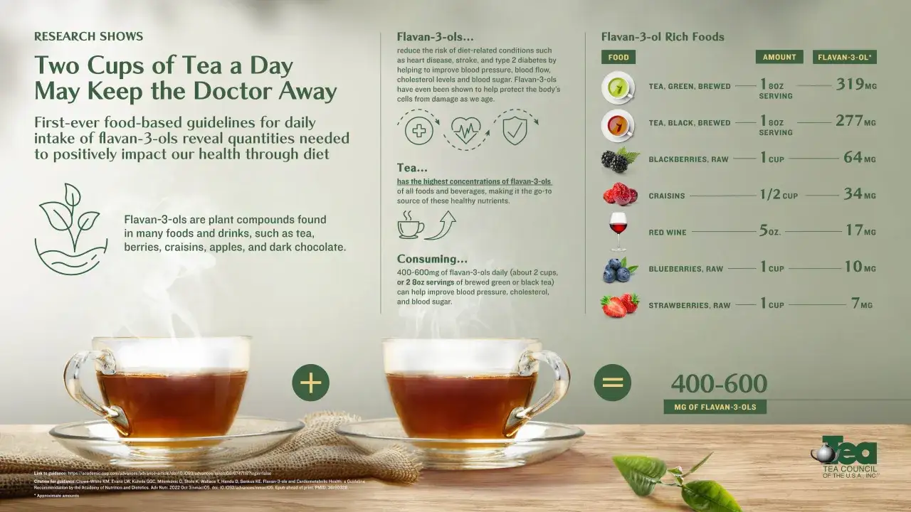 Deux tasses de th&eacute; ou tisane pour la sant&eacute; par jour peuvent aider &agrave; r&eacute;duire le risque de maladies. Le th&eacute; est une excellente source de flavan-3-ols.