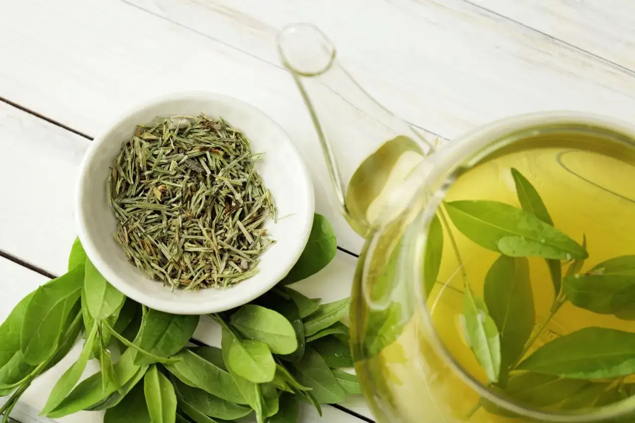 Thé vert infusé dans une théière en verre, avec des feuilles fraîches et des herbes séchées dans un bol. Attention aux ecg effects secondaires.