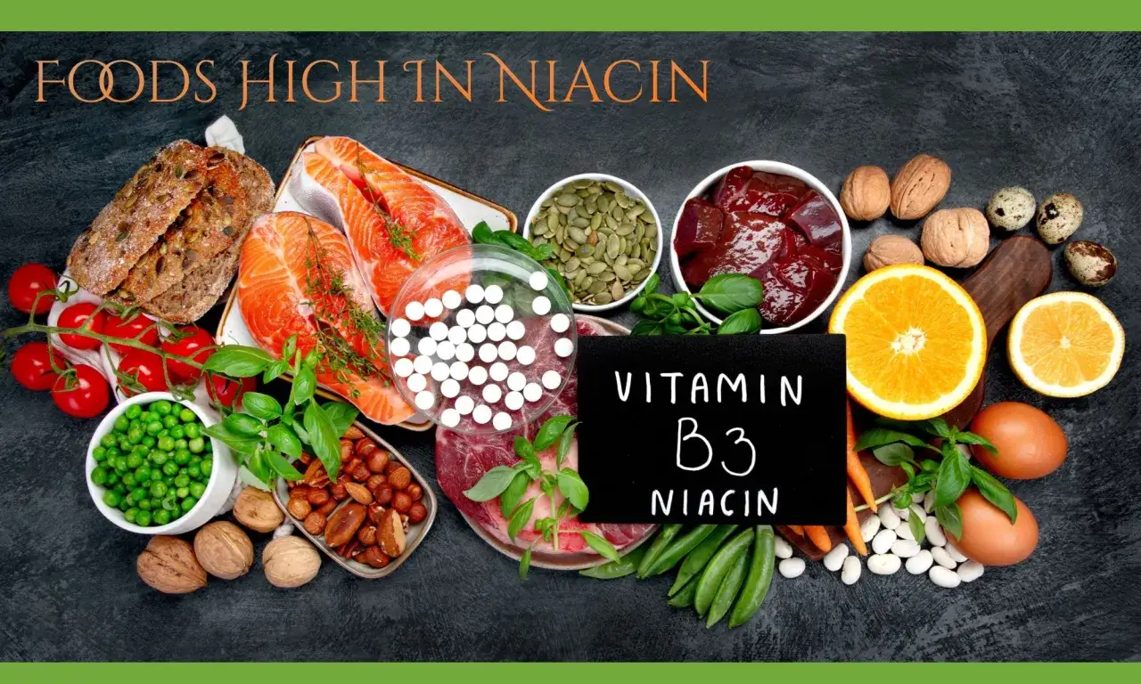 Assortiment d'aliments riches en vitamine B3 (niacine) : saumon, foie, viande rouge, pain, tomates, pois, noix, graines, oranges, &oelig;ufs et haricots.