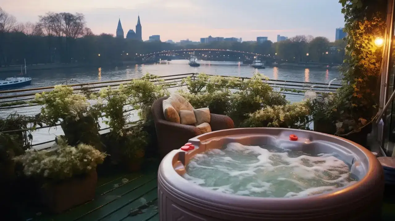 Am&eacute;nagement spa gonflable sur une terrasse avec vue sur un fleuve et une ville au cr&eacute;puscule. Un fauteuil confortable et des plantes luxuriantes compl&egrave;tent ce coin d&eacute;tente.